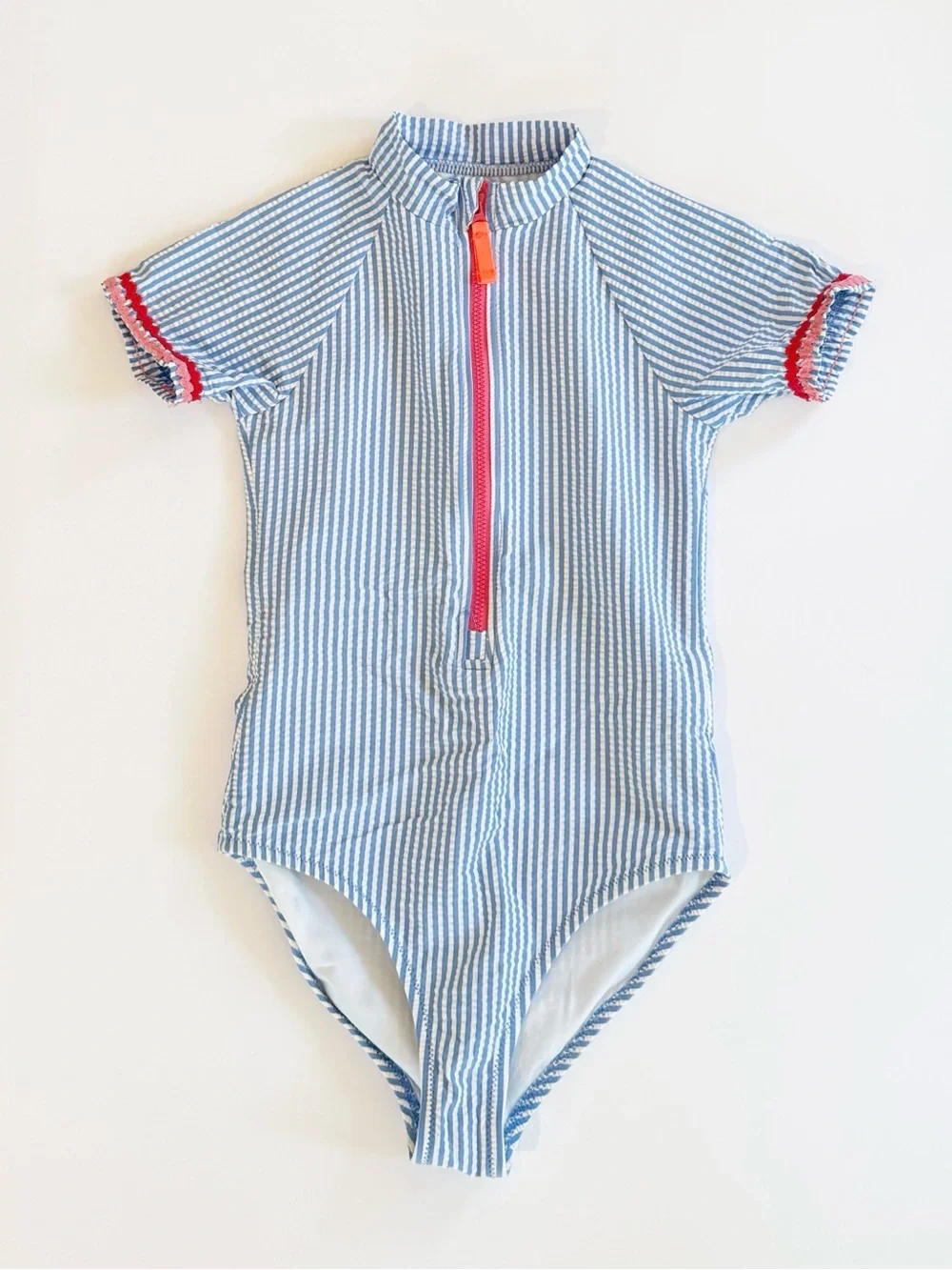 Crewcuts Blue & White Seersucker Short Sleeve Rash Guard Swimsuit